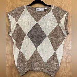 Vintage Cream & Brown Argyle Knit Sweater Sz M L Silk Angora Vest